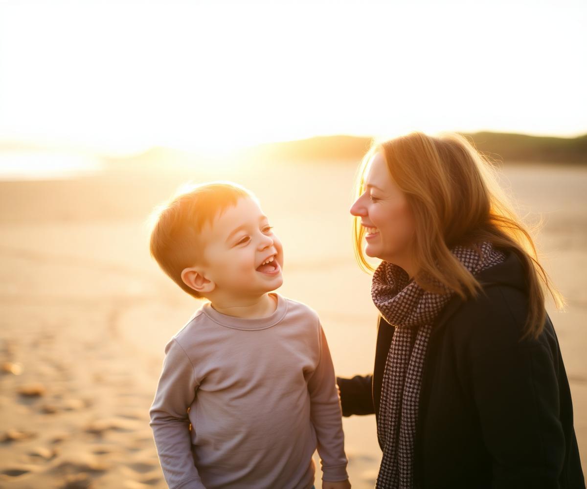 A mother and her young son laughing together on a British beach at sunset